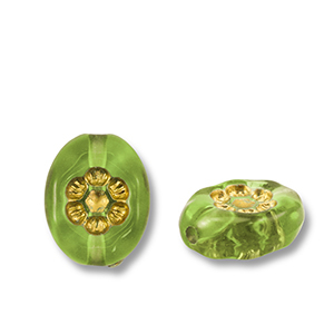 Perles acryliques ovale avec fleur Vert olive-dor&eacute;