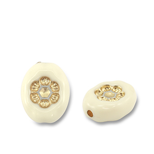 Perles acryliques ovale avec fleur Blanc cass&eacute;-dor&eacute;