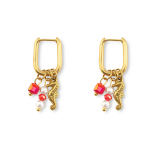 Boucles d'oreilles en acier Inox hippocampe Dor&eacute;-rouge-blanc