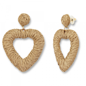 Boucles d'oreilles en raphia accroche-regard c&oelig;ur Marron clair-dor&eacute;
