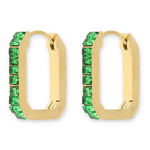 Boucles d'oreilles / cr&eacute;oles en acier Inox rectangle avec strass Dor&eacute;-vert