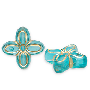 Perles acryliques fleur Bleu sarcelle-dor&eacute;