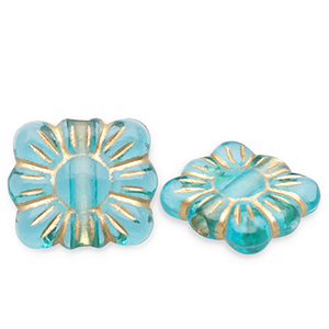 Perles acryliques rectangle avec fleur Bleu sarcelle-dor&eacute;