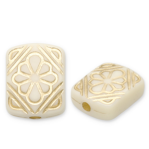 Perles acryliques rectangle avec fleur Blanc cass&eacute;-dor&eacute;