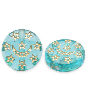 Perles acryliques disque avec lune et &eacute;toiles Bleu sarcelle-dor&eacute;
