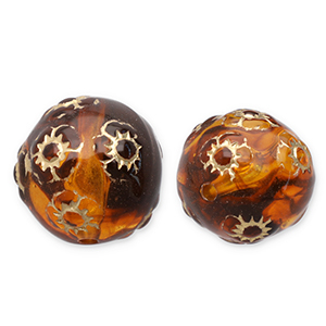 Perles acryliques 16 mm rond avec fleurs Marron cognac-dor&eacute;