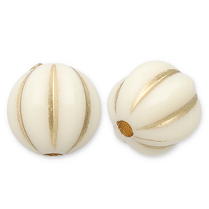 Perles acryliques 8 mm rond avec lignes Blanc cass&eacute;-dor&eacute;