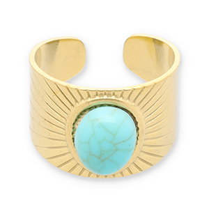 Bagues en acier Inox avec imitation de pierre naturelle Dor&eacute;-turquoise