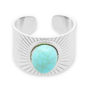 Bagues en acier Inox avec imitation de pierre naturelle Argent&eacute;-turquoise