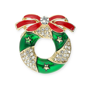 Broches couronne de No&euml;l Dor&eacute;-rouge-vert