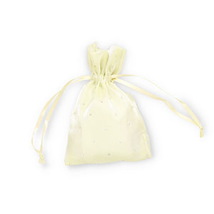 Sachet &agrave; bijoux en satin avec strass Jaune vanille-argent&eacute;