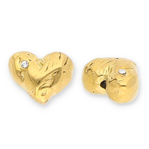 Perles en acier Inox coeur avec strass Dor&eacute;-transparent