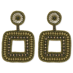 Boucles d'oreilles tendance avec perles en verre carr&eacute; Vert olive