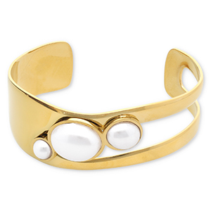 Bracelets en acier Inox jonc avec imitations perles Dor&eacute;-blanc