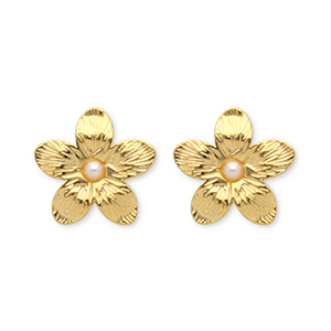 Boucles d'oreilles puces en acier Inox fleur Dor&eacute;
