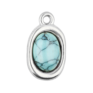 Breloques en acier Inox ovale avec pierre naturelle howlite Argent&eacute;-bleu clair