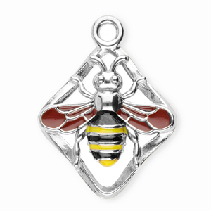 Breloques en acier Inox losange avec abeille Argent&eacute;-rouge rouille-jaune-noir