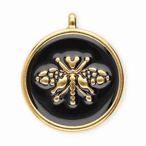 Breloques en acier Inox rond avec abeille Dor&eacute;-noir