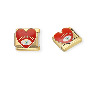 Appr&ecirc;ts en acier inox breloques pour bracelet italien coeur avec Oeil Porte-Bonheur Dor&eacute;-rouge fonc&eacute;-blanc