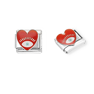 Appr&ecirc;ts en acier inox breloques pour bracelet italien coeur avec Oeil Porte-Bonheur Argent&eacute;-rouge fonc&eacute;-blanc