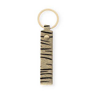 Porte-cl&eacute;s en cuir avec imprim&eacute; tigre Beige sable-noir-dor&eacute;