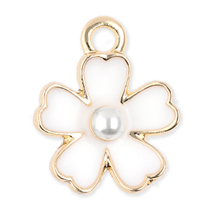 Breloques en m&eacute;tal fleur avec perle Dor&eacute;-blanc