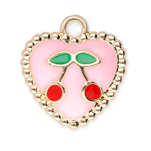 Breloques en m&eacute;tal coeur avec cerises Dor&eacute;-rose clair-rouge-vert