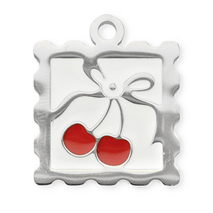 Breloques en acier Inox carr&eacute; avec cerises Argent&eacute;-rouge-blanc