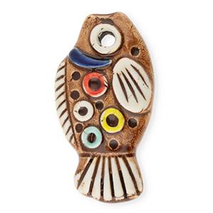 Pendentif en c&eacute;ramique poisson Marron-blanc-bleu fonc&eacute;-rouge