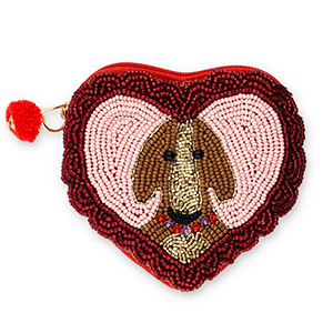 Porte monnaie c&oelig;ur avec chien Dor&eacute;-rouge fonc&eacute; doublure argent&eacute;-rose clair-marron