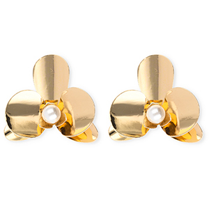 Boucles d'oreilles&nbsp;/&nbsp;puces accroche-regard fleur avec imitations perle avec tige en acier inoxydable Dor&eacute;-blanc